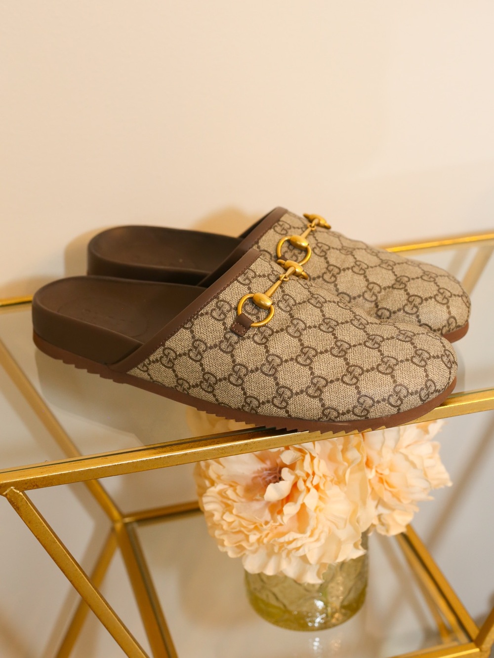 Gucci Brown Supreme Mule Loafers with Gold Horsebit